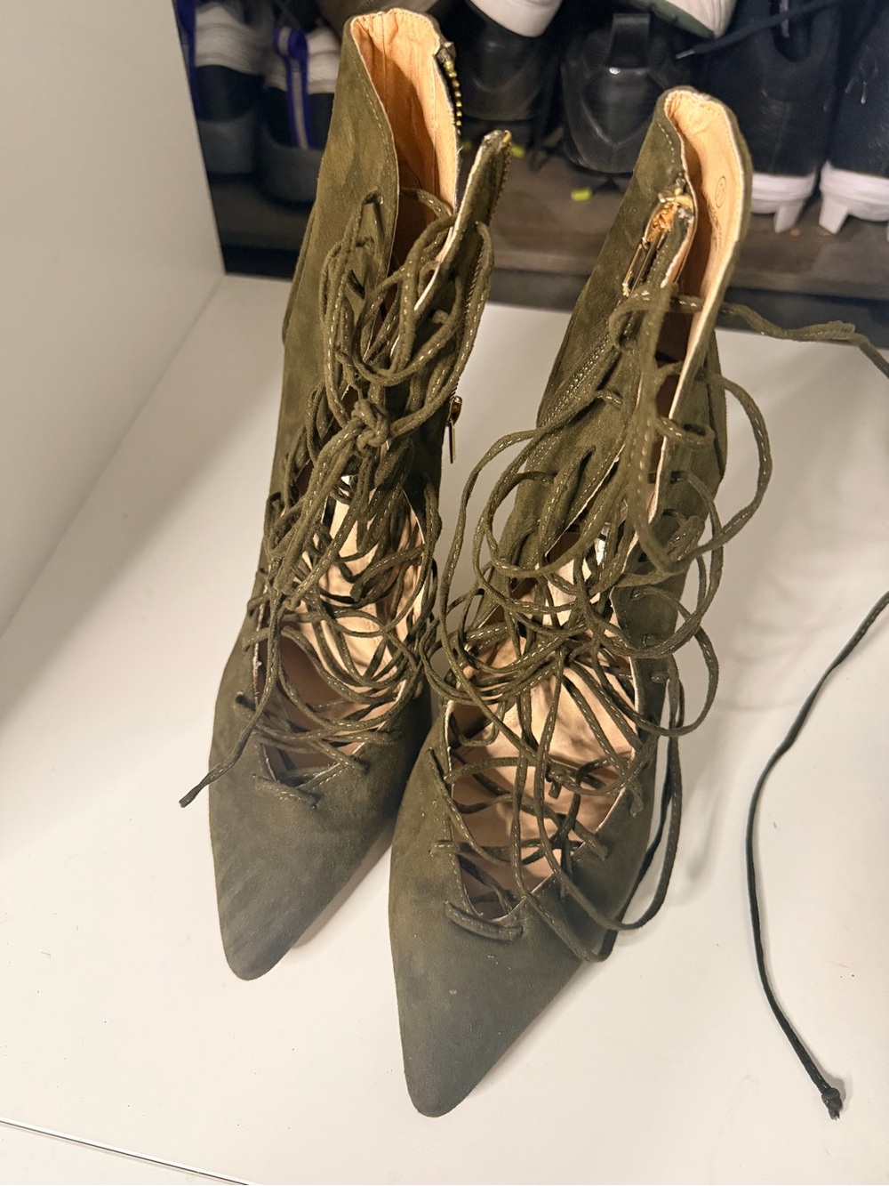 Lace-Up Pointed Toe High Heel Booties - Olive Green